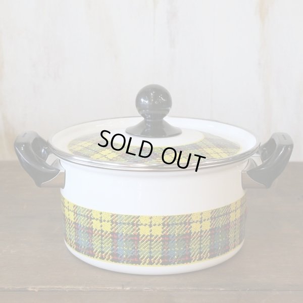 画像2: 荒川金属工業　マルビシ　カラーホーローウェア　20ｃｍソースポット　両手鍋　チェック　イエロー　未使用品（ち3407）