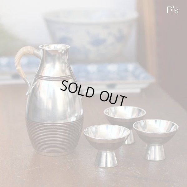 画像1: 浪華　錫半造　錫製　酒器　徳利＆盃3客セット　未使用品　共箱付き（ｑ4448）