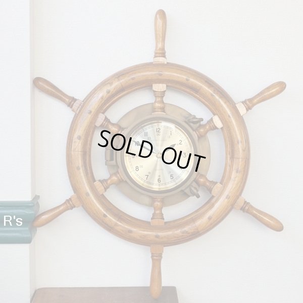 画像1: 船　操舵輪型　木製　壁掛け時計/ウォールクロック　SHIP'S　CLOCK　ユーズド品（店4949）