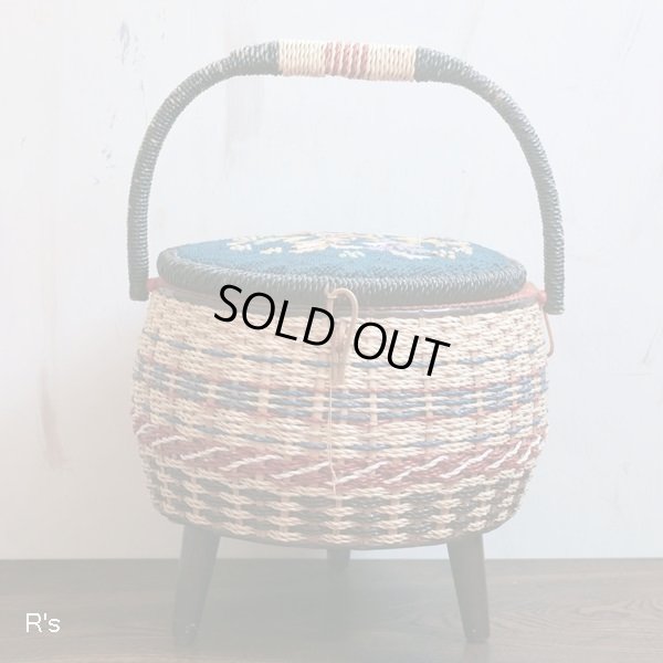 画像2: レトロ　ビニール編みカゴ　ソーイングバスケット　裁縫箱　ユーズド品（店4146）