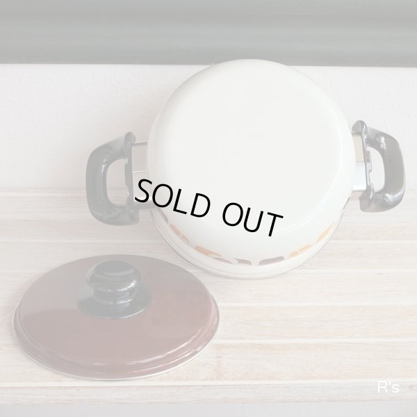 画像7: レトロ　サンコーウェア ホーロー両手鍋　18ｃｍ　ブラウン系　花柄　未使用品(LL2298)