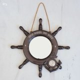 レトロ　船の操舵輪型　壁掛け鏡　温度計付き　ユーズド品（店3053）