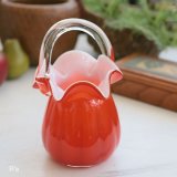 レトロ　ガラス　フラワーベース　花かご花瓶　赤　ユーズド品（店3804）