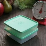 タッパーウェア　冷蔵ケース2個セット　角型保存容器　小　蓋グリーン　ユーズド品 (QQ2395 )