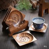 北海道民芸　アイヌ　木彫り　茶托5枚＆スタンドセット　ユーズド品（店4088）
