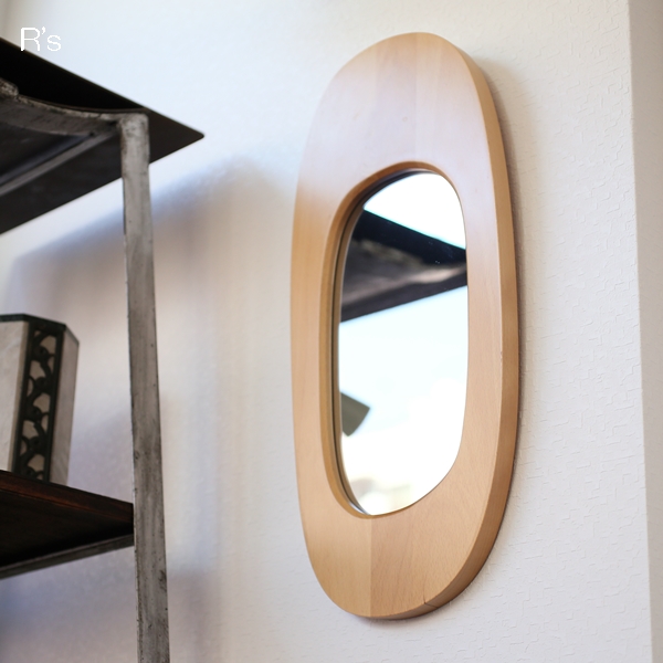 木製 壁掛け鏡 ウォールミラー オーバル形 ナチュラル ユーズド品（店4362） - リユースショップ R's