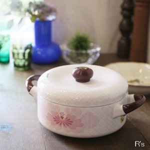 画像: エジリー　Esta　ホーロー両手鍋　ピンク　花柄　3.2L　未使用品（冷4222）