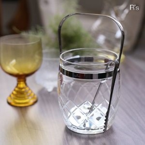 画像: レトロ　ハイクラス　テーブルウェア　ガラスアイスペール　トング付　格子柄　未使用品（ｐ4405）