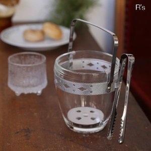 画像: レトロ　ガラスアイスペール　菱形デザイン　トング付き　未使用品（ｐ4451）