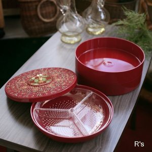 画像: ワールド印　パールファミリーケース　プラスチック製　丸型3段お重　P-26　赤　未使用品　箱付き（CC5035)