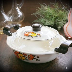 画像: Sanko Ware　サンコーウェア　レトロ　ホーロー天ぷら鍋　花柄　未使用品（メ5496）