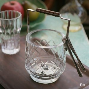 画像: レトロ　ガラス　アイスペール　アイストング付き　未使用品（HH5695）