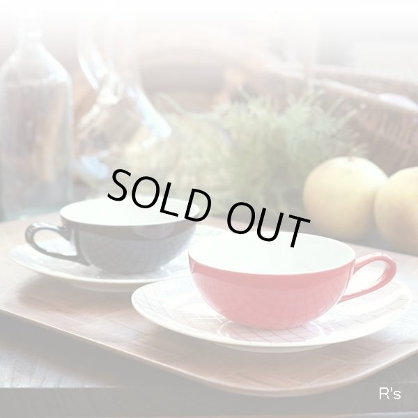 画像2: Sango　三郷陶器　ペア　ティーカップ＆ソーサー　ブラック＆レッド　升目チェック柄　未使用品(セ3676)