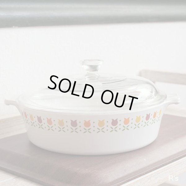 画像2: U.S.A.コーニング　岩城硝子　パイレックス　ガラス両手平鍋　チューリップ柄　未使用品(u1688)