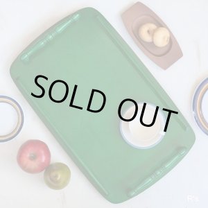 画像: レトロ 木製トレー 長方形角盆 大きなお盆 グリーン 未使用品(店4487)