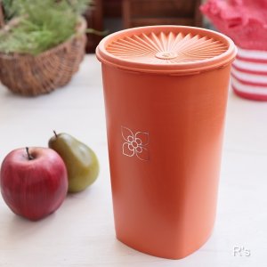 画像: タッパーウェア　クイーンデコレーター　3.7L　丸型保存容器　オレンジ　柄付き　ユーズド品（冷6186）