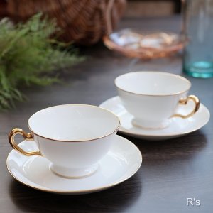 画像: OKURA　大倉陶園　ペアカップ＆ソーサー　金彩ハンドル　未使用品（棚2 6196）