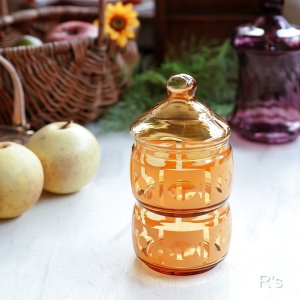 画像: 石塚硝子　アデリアグラス　ガラスキャニスター　アンバー　2段オードブル　未使用品