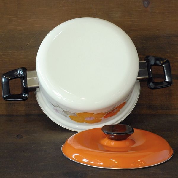 画像4: Sanko Ware　サンコーウェア　レトロ　ホーロー両手鍋　蓋オレンジ×花柄　未使用品（L758）
