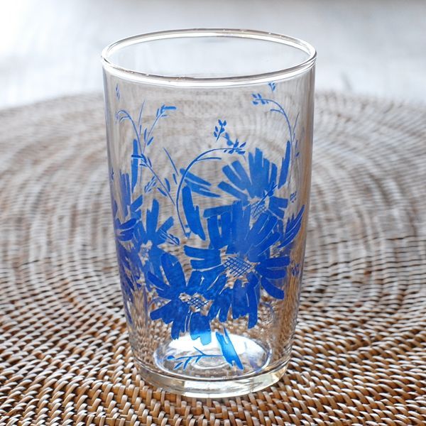 画像2: レトロ　ガラスコップ/グラス　青い花柄　未使用品（U1065）