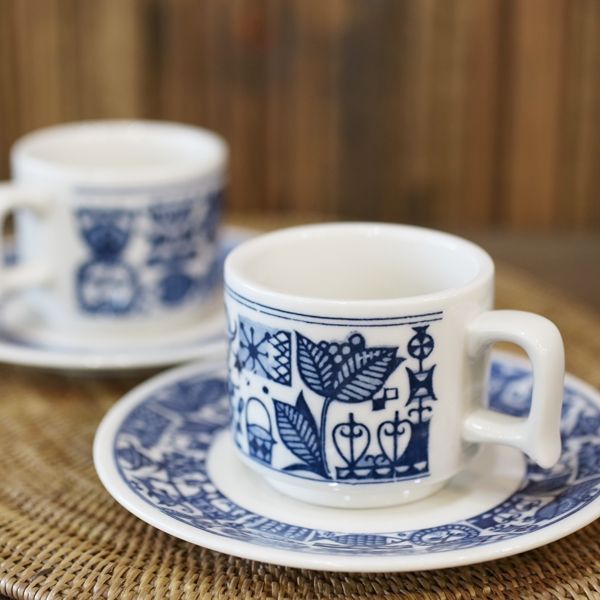 画像1: レトロ　コーヒーカップ＆ソーサー　青い古代壁画　未使用品（箱3　2078）