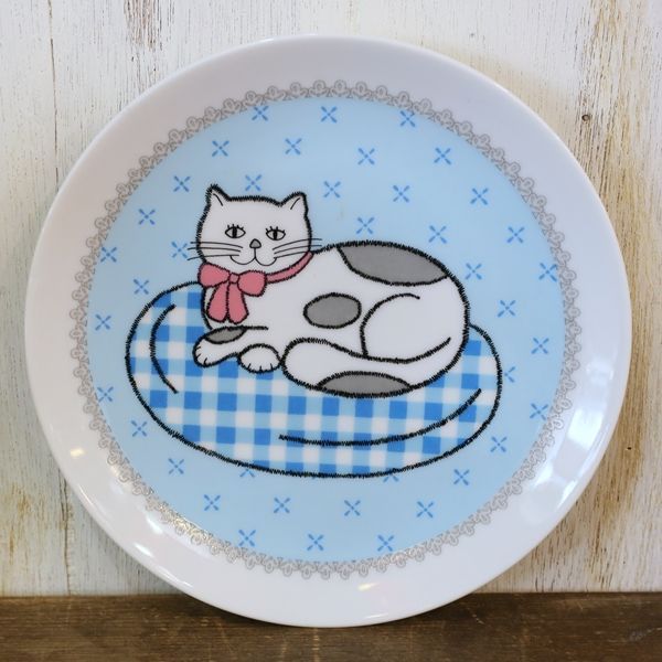 画像1: レトロ　ソーサー/小皿　猫のイラスト　ブルー　未使用品（ソ3321）
