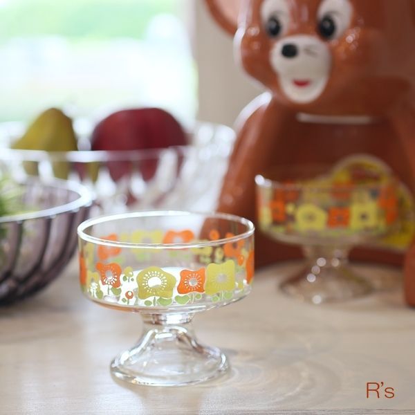 画像1: レトロ　ガラス　アイスクリームカップ/デザートカップ　花柄　未使用品（R3609）