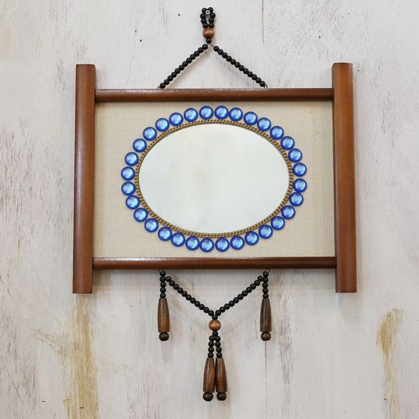 画像1: レトロ　壁掛け鏡　ウォールミラー　青玉飾り　ユーズド品（ユ3619）