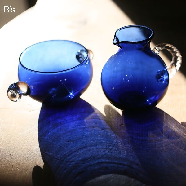 画像1: WAKO　和光　クリスタルガラス　シュガーポット＆クリーマーセット　ブルー　未使用品　箱付き（ア3995）