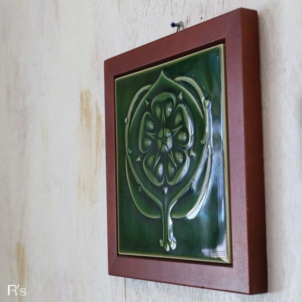 画像2: 陶板飾り　額入りインテリア　グリーン　ユーズド品（a4000）