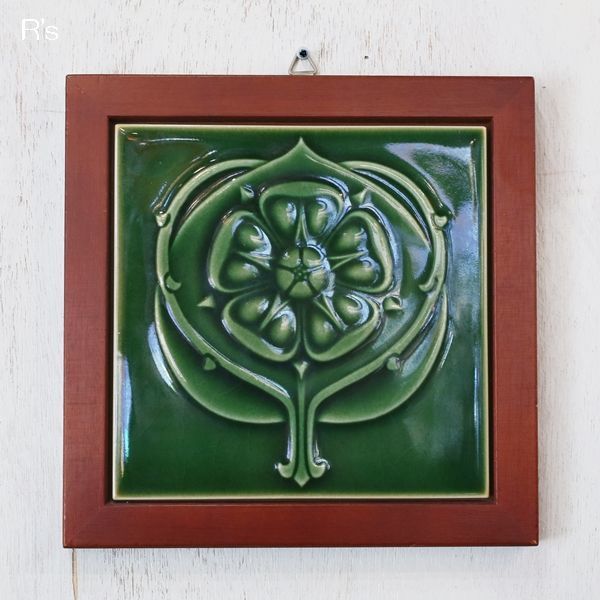 画像1: 陶板飾り　額入りインテリア　グリーン　ユーズド品（a4000）
