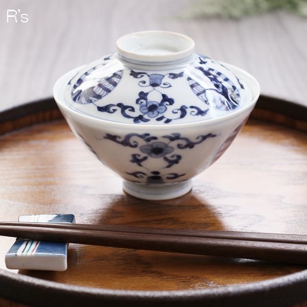 昭和初期 蓋付き飯茶碗 青い草花柄 アンティーク品（ａ4725） - リユースショップ R's