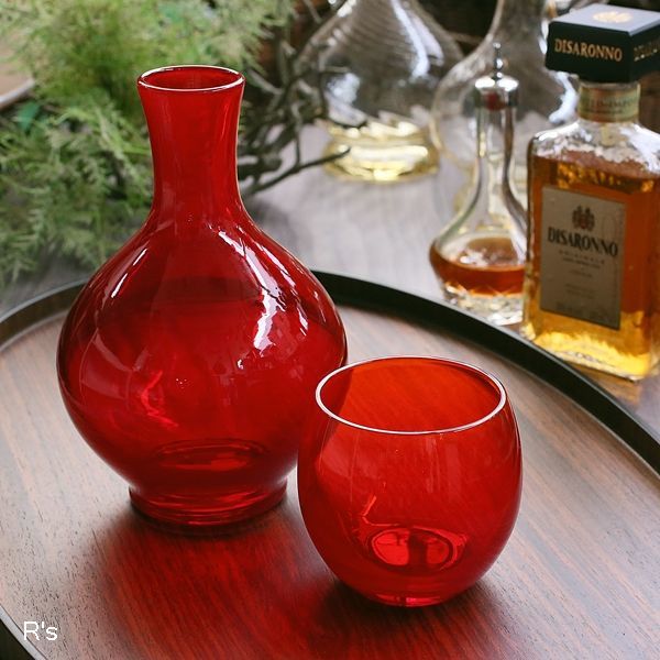 画像1: HIROTA　GLASS　廣田硝子　BYRON　冠水瓶　ウォーターピッチャー＆カップ　赤　未使用品（ソ5275）
