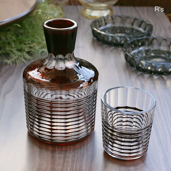 画像1: 薩摩切子　冠水瓶　ウォーターピッチャー＆グラスセット　赤縞　アンティーク品（JJ5308)