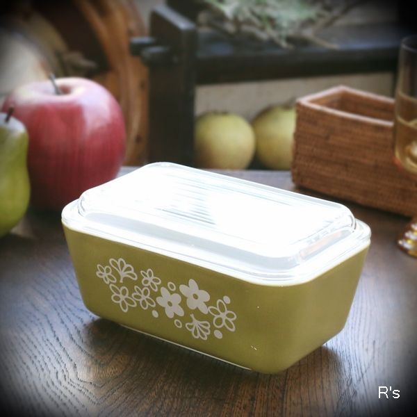 画像1: U.S.A.　PYREX　オールドパイレックス　OVENWEAR　リフリッジレーターディッシュM　グリーン　花柄　未使用品（ヤ5406）