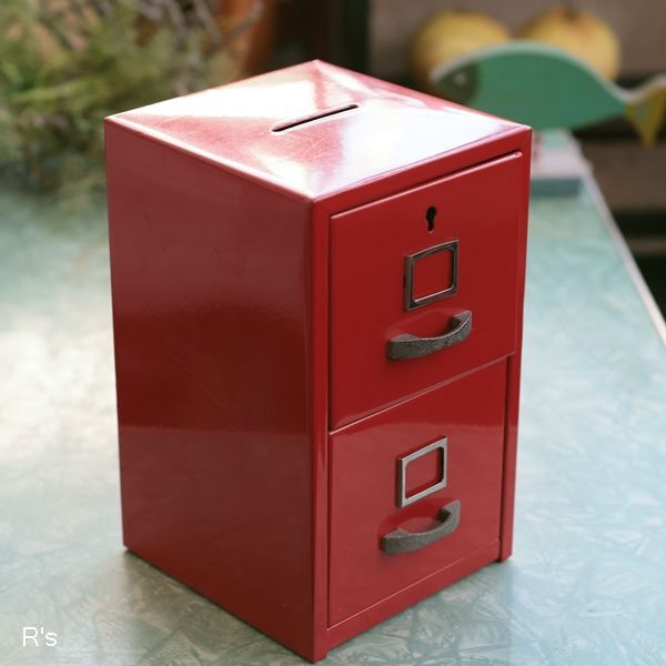 2段ロッカー型 レトロ貯金箱 CASH BOX 赤 鍵付き ユーズド品（テ5557