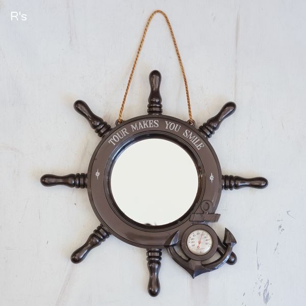 画像1: レトロ　船の操舵輪型　壁掛け鏡　温度計付き　ユーズド品（店3053）