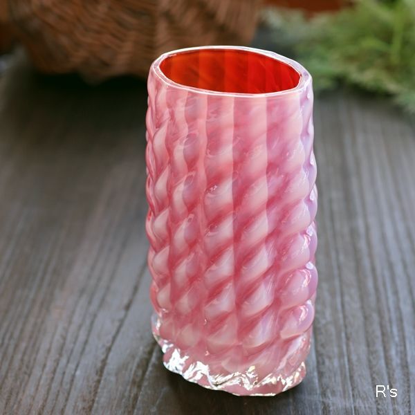 画像1: アンティーク　ガラス　フラワベース　波型　赤白　ユーズド品（ゆ1488）