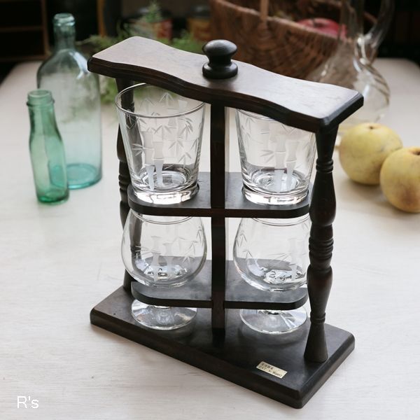 レトロ 木製 回転式グラススタンド ウイスキーグラス2客＆ワイングラス ...
