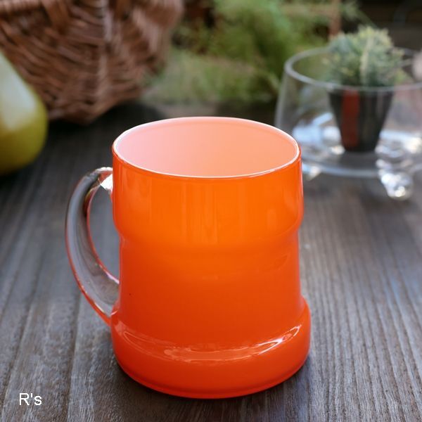 画像1: レトロ　ガラス　フラワーベース　ジョッキ型　オレンジ　未使用品 (j 5106)
