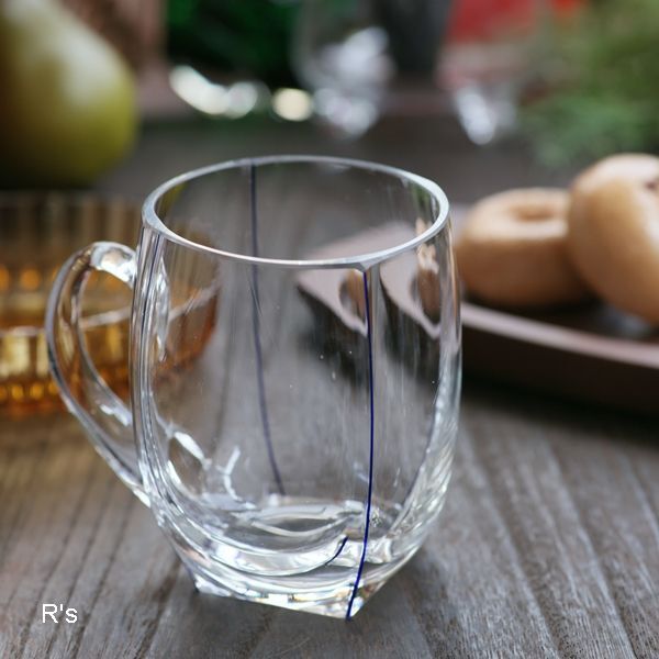画像1: アンティーク　ガラスマグカップ　ジョッキ　ブルーライン　未使用品（YY4682）