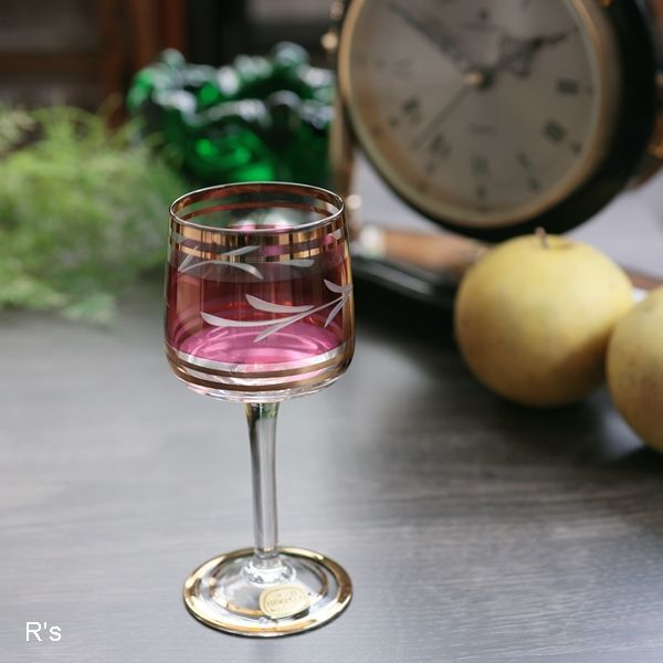 チェコスロバキア BOHEMIA GLASS リキュールグラス ピンク 金彩 未使用 