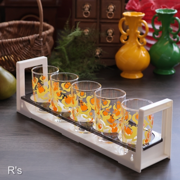 画像1: Sasaki　Glass　佐々木硝子　タンブラー5客セット　収納スタンド付き　花柄　未使用品 (p 6250)